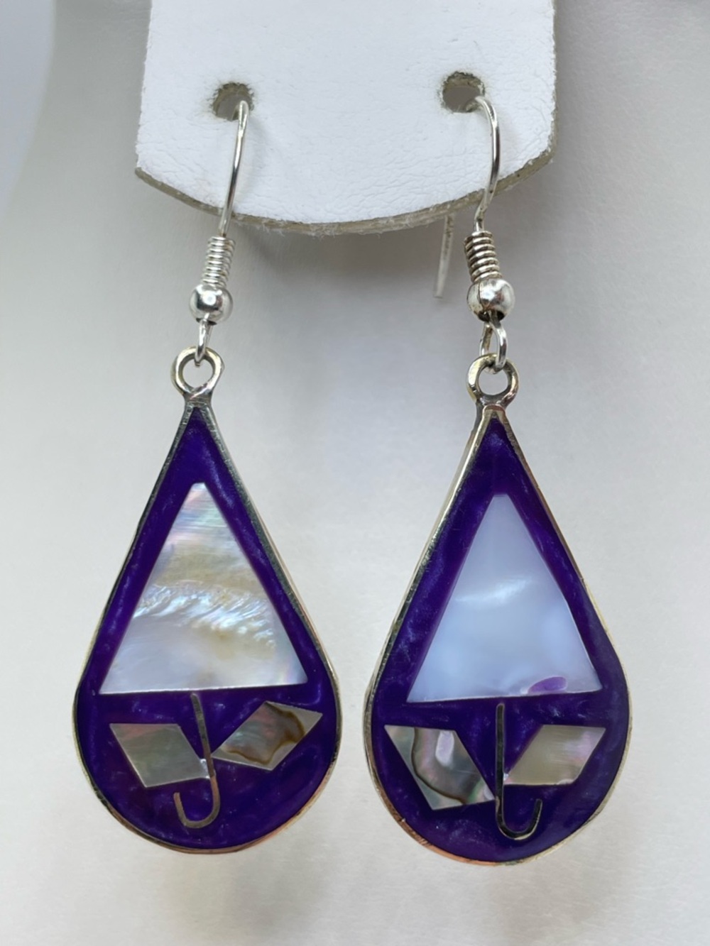 Vintage Taxco Abalone Mother Pearl Purple Enamel Drop Silver Earrings